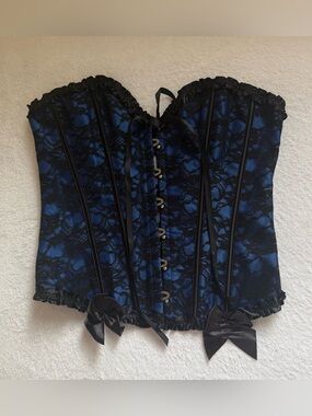 Marimoda Blue Black Lace Corset Bustier Top Goth Y2K Burlesque Coquette